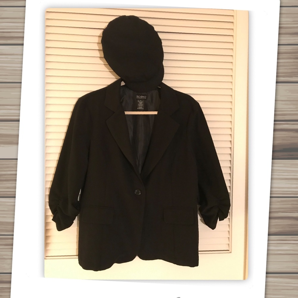 Black Stretch Single Button Gathered Sleeve Blazer